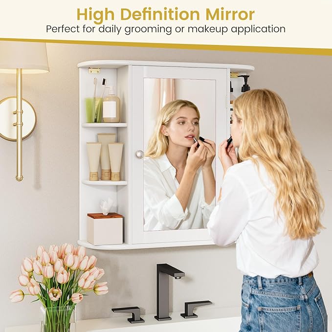 Tangkula Bathroom Medicine Cabinet with Mirror, Modern Wall Mounted Space-Saving Storage Organizer with Mirrored Door, 4 Internal Shelves & 6 Open Side Shelves, Bathroom Wall Cabinet (White)