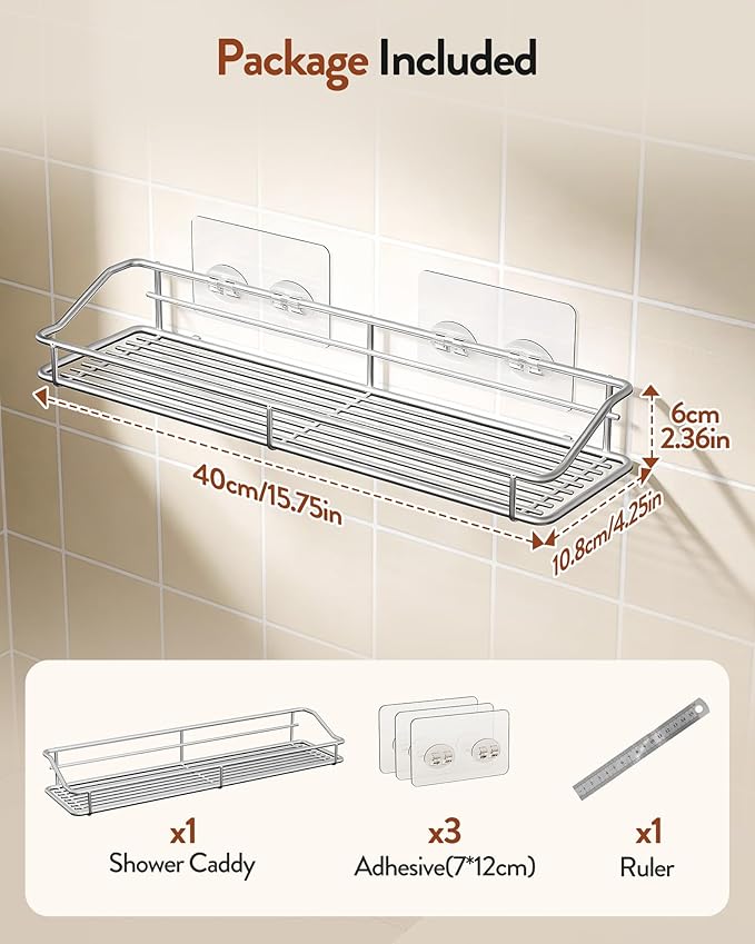 Orimade Bathroom Shelf Organizer Shower Caddy Storage Kitchen Rack with Traceless Transparent Adhesive No Drilling SUS304 Stainless Steel, 15.75 inch, Silver
