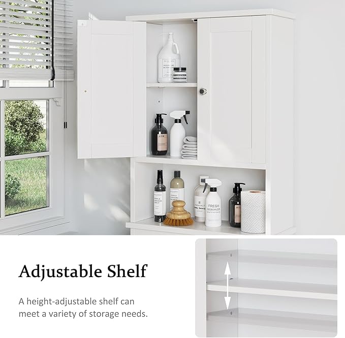 Meilocar Over The Toilet Storage Cabinet, Bathroom Storage Organizer Over Toilet, Space Saver W/Adjustable Shelf & Open Shelf, White