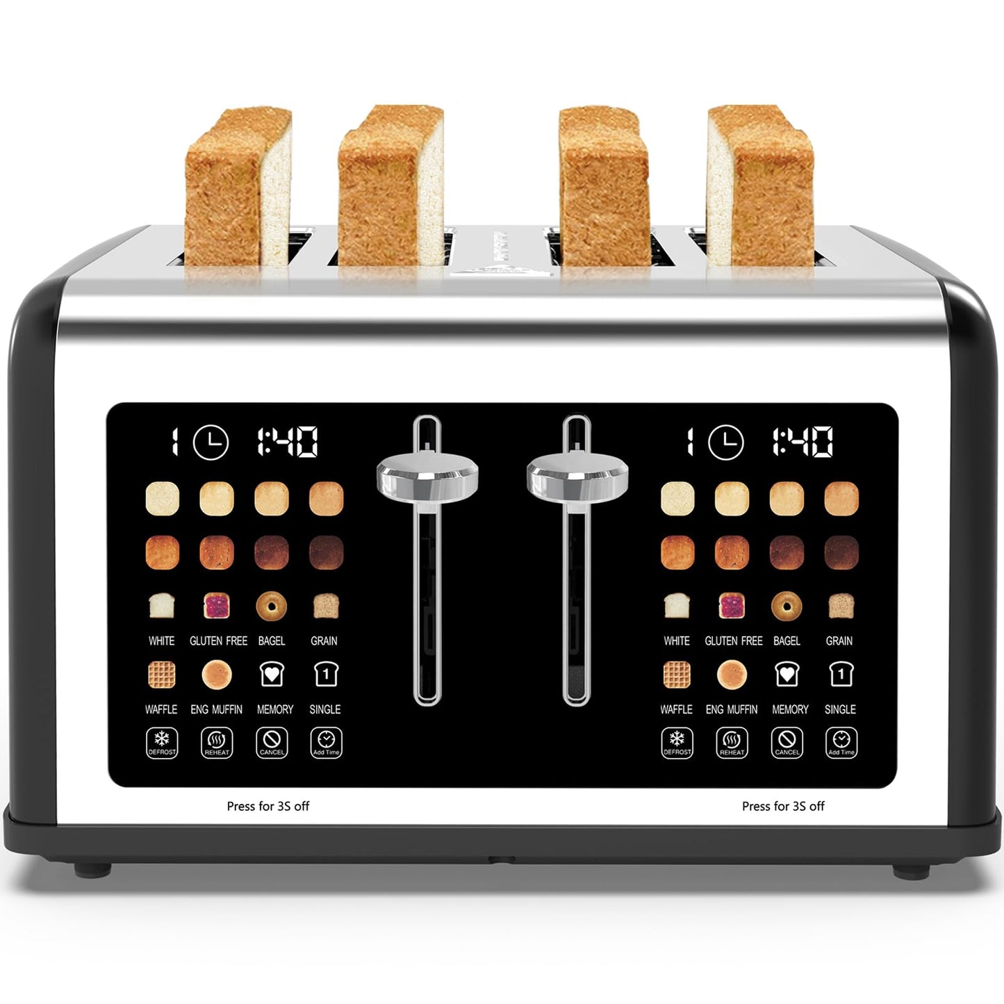 4 Slice Toaster Touch Screen, Stainless Steel Toasters Digital Timer, Dual Control Panel Toasters, 8 Shade Settings 6 Bread Types for Bagel, Cancel, Defrost 1650W Grey