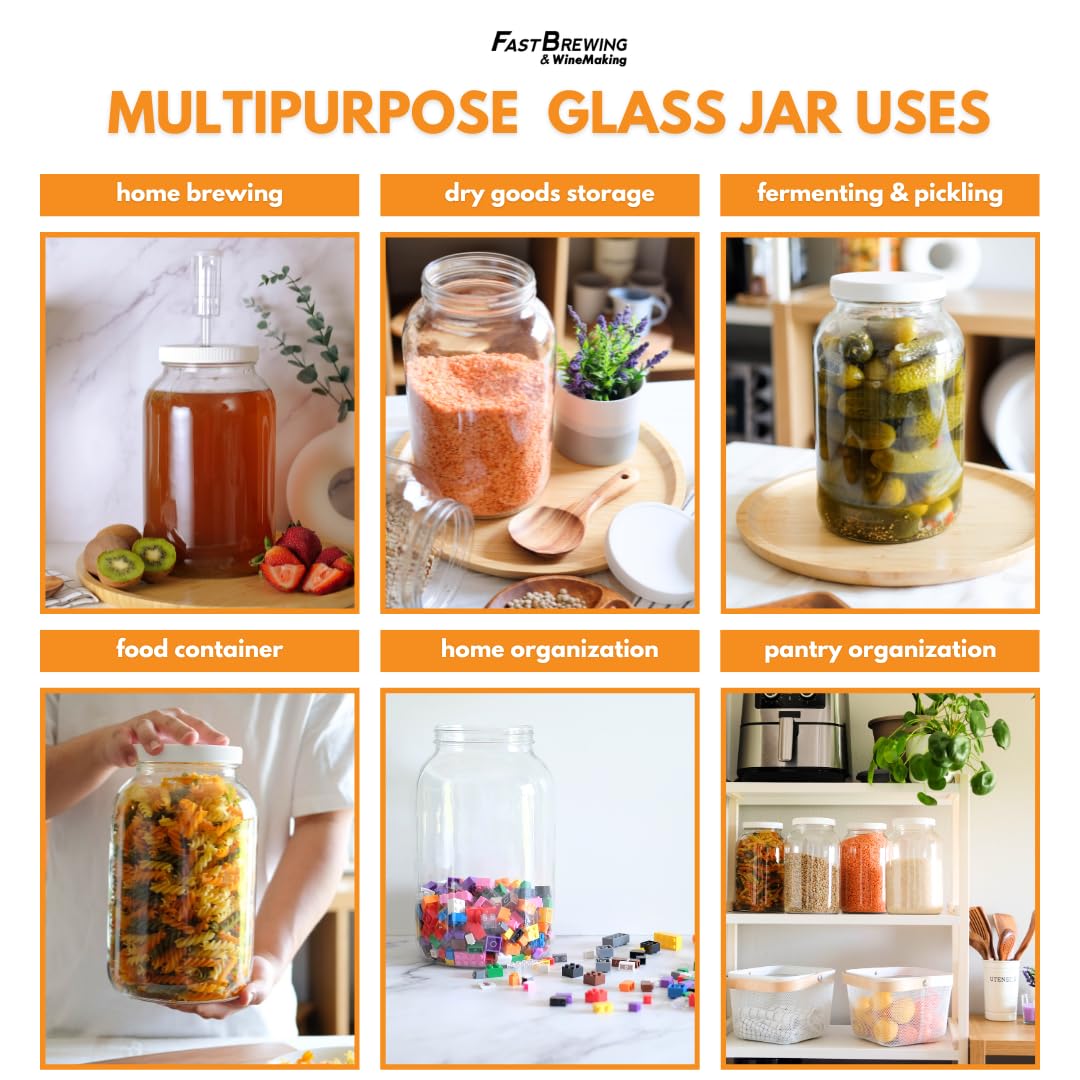 4-Pack 1 Gallon Glass Jar with Lid | Wide Mouth Set with White Metal Caps