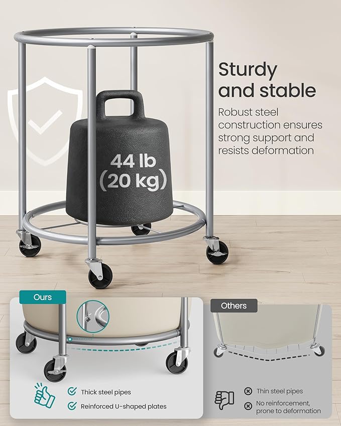 SONGMICS 29-Gallon (110 L) Laundry Basket with Wheels, Rolling Round Heavy-Duty Laundry Hamper Cart with Steel Frame and Removable Bag, 2 Locking Wheels, Dove Gray and Cream White URLS002GD02