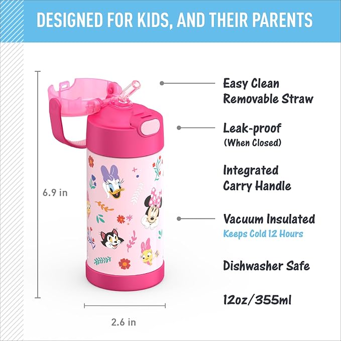 THERMOS FUNTAINER Water Bottle with Straw - 12 Ounce - Kids Stainless Steel Vacuum Insulated Water Bottle with Lid,Preschool Minnie,(Pack of 6)