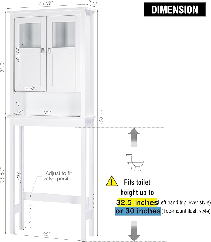 Spirich Bathroom Cabinet Over Toilet, Bathroom Storage Cabinet with Glass Doors and Adjustable Shelves, Over The Toilet Storage Cabinet, White
