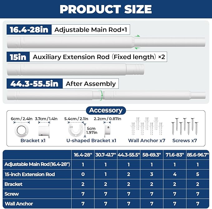 Mavivegue Closet Rod (White, 17-28IN)