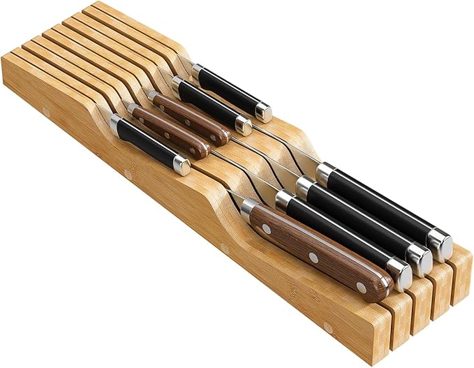 Bamboo In-Drawer Knife Block for 19 Knives(Not Included), Knife Drawer Organizer,Knife Holder Countertop,Block Knife Storage Organizer for Kitchen