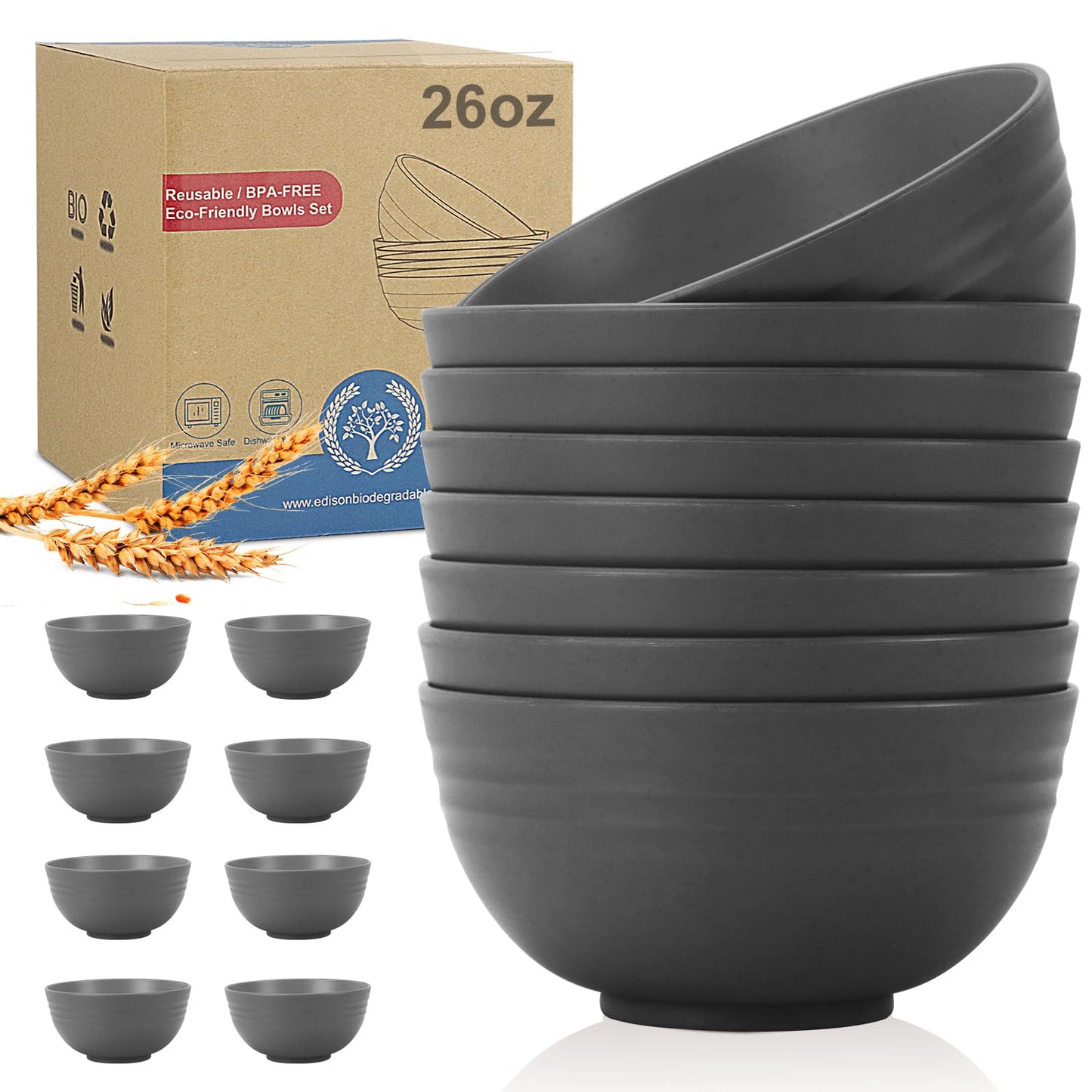 Wrova wheat straw small bowls 10oz set of 8 - Unbreakable Dessert Bowls for kids - Mini Bowl Sets for Ice Cream,Snack and Fruits - Microwave & Dishwasher Safe Appetizer Bowls (Deep Grey)