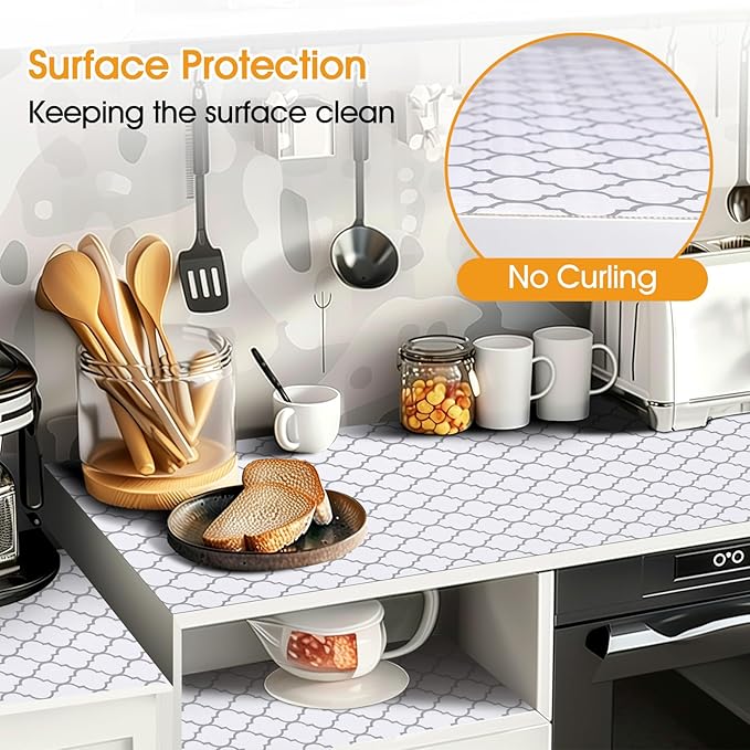 Shelf and Drawer Liner for Kitchen Cabinets Non-Adhesive, Strong Grip Non-Slip Thickened Cabinet Liners for Shelves, Waterproof Mats for Dresser Cupboard, White/Gray, 17 in x 20 Feet