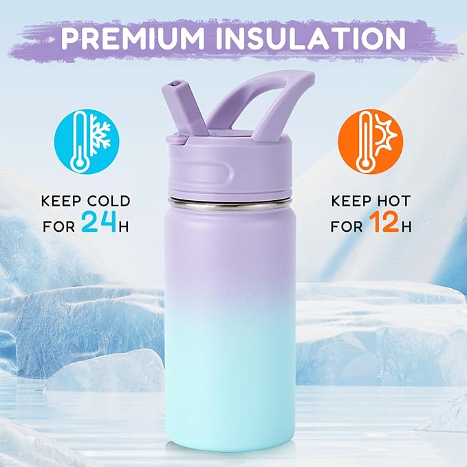 12oz Kids Water Bottle for School, Toddler Water Bottles with Straws, Insulated Water Bottles for Boys&Girls, Stainless Steel Vacuum Insulated Bottle for Kids, Leak-Proof, BPA-Free, Magic Forest