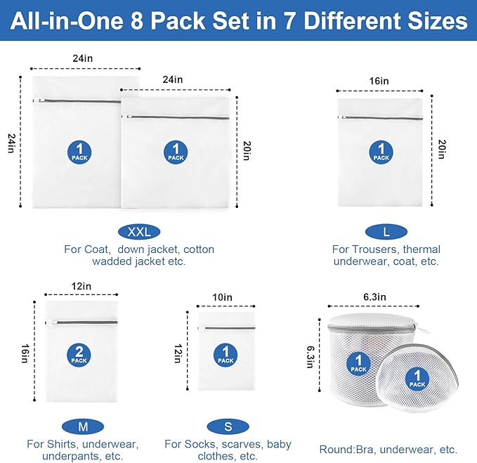 8 Pack Mesh Laundry Bags for Delicates, Laundry Bags Mesh Wash Bags in 7 Sizes (Include Bra and Lingerie Wash Bags), Lingerie Bags for Washing Delicates, Garment Bag for Washing Machine
