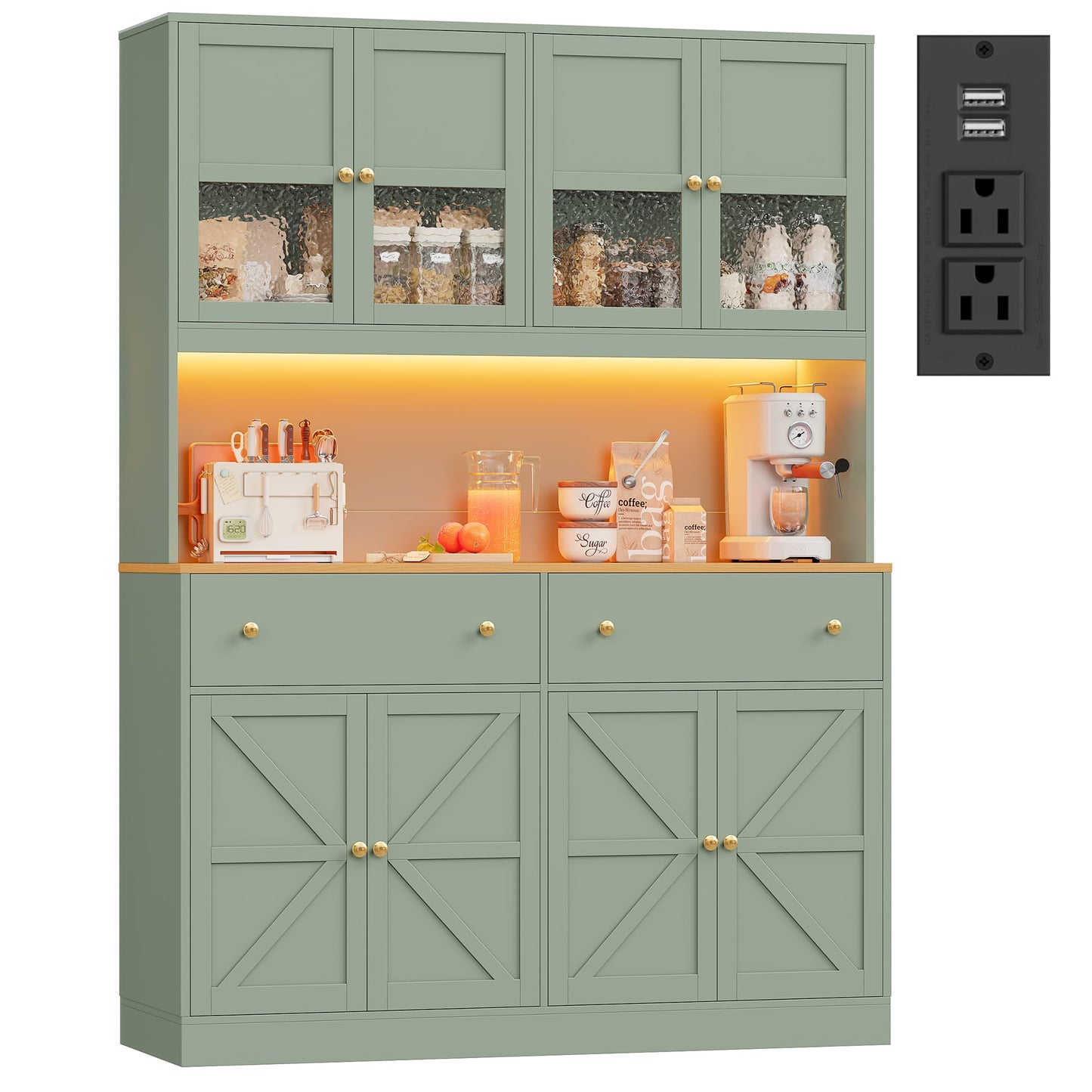 FINETONES 71" Pantry Cabinet with LED Light and Charging Station