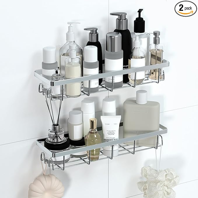 Shower Caddy Organizer with Hooks,Self Adhesive Bathroom Shelves,No Drilling Bathroom Organizers and Storage,Perfect for RV, Apartment, Home Decor,2 Pack Silvery