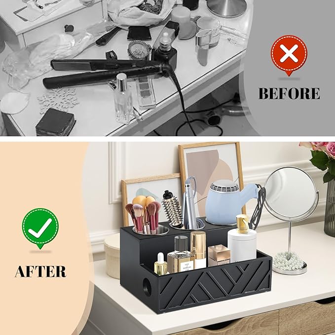 Unistyle Hair Tool Organizer, Wall Mounted, Bathroom Countertop, Vanity Organizer, Black, Wooden, Rectangular, Rustic, Art, 7.1 x 5.3 x 5.3 Inches, Paulownia Wood & Stainless Steel, 1.87 Pounds