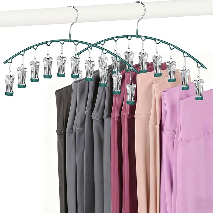 Legging Hangers for Closet Organizer, Hat Hangers for Closet 2 Pack with 10 Clips Holds 20 Leggings, Legging Hanger, Pants Storage Organizer Suitable for Socks, Panties, Underwear, Pants (Green)