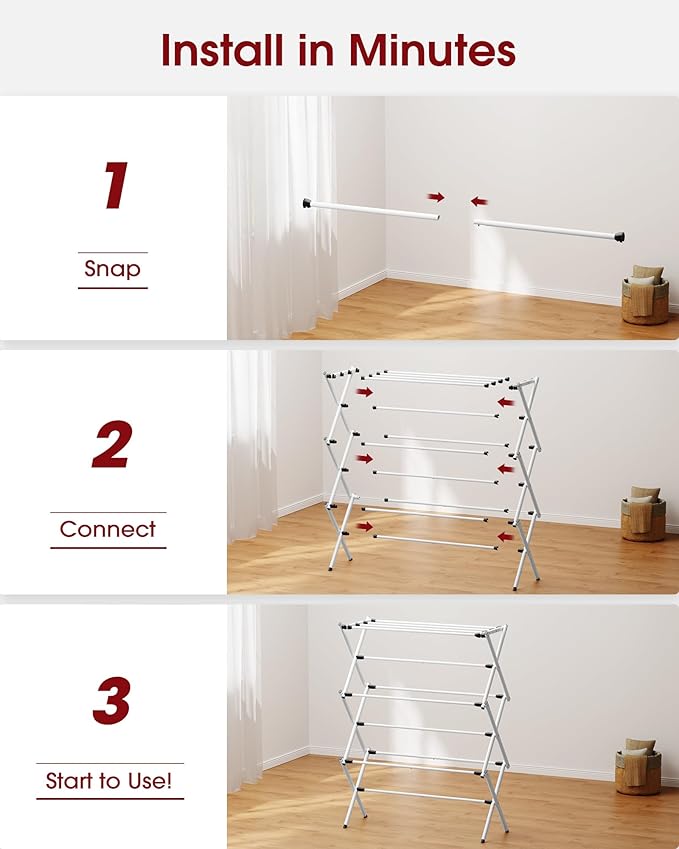 Foldable Clothes Drying Rack – Metal Laundry Drying Rack with Non-Slip Feet, 3-Tier Space-Saving Clothing Rack for Laundry Organization, Indoor & Outdoor Use, 11.4"D x 29.1"W x 37.4"H, White
