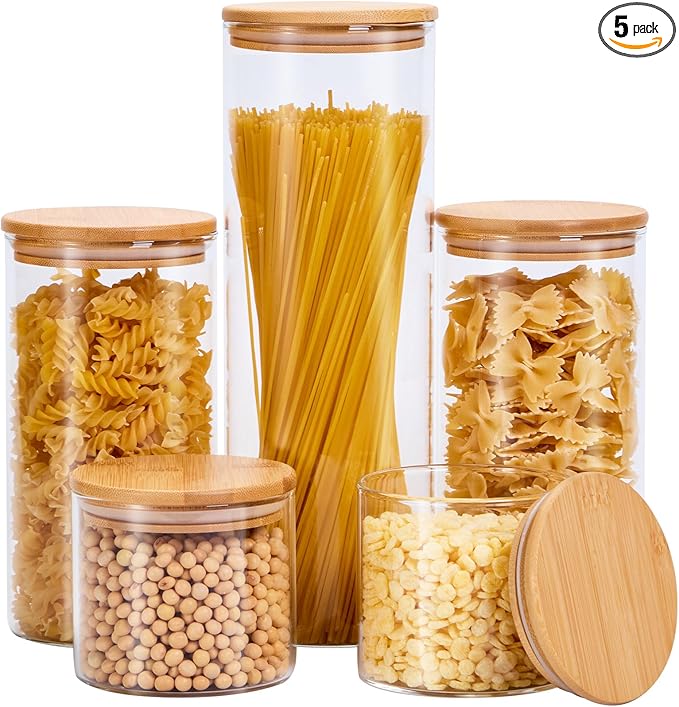 Spreccio Glass Food Storage Jars with Lids[Set of 5], Perfect for Pasta, Cookies, Nuts, Coffee, Cereal, Flour, Organize Your Kitchen and Pantry with these BPA-Free Glass Jars with Canisters