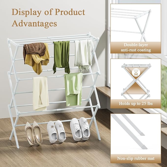 Foldable Drying Rack Clothing, 3-Tier Portable Clothes Drying Racks for Indoor & Outdoor, Anti-Rust Compact Laundry Rack Collapsible, White 29" D x 14" W x 41" H