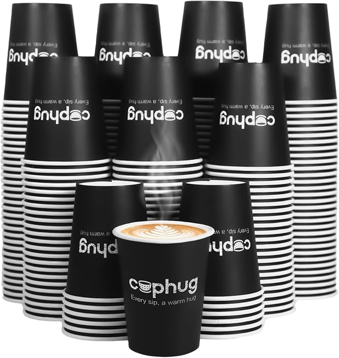 cuphug 12oz Disposable Coffee Cups with Lids, Kraft Sleeves & Straws, 100 Pack Black Paper Hot Drink Cups