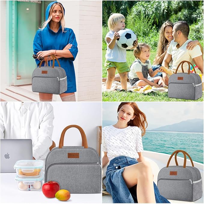 Coobiiya Lunch Bag Lunch Box for Women Men,Small Leakproof Cute Lunch Tote Large Capacity Reusable Insulated Cooler Lunch Container for Work/Office/Picnic/Beach，Grey