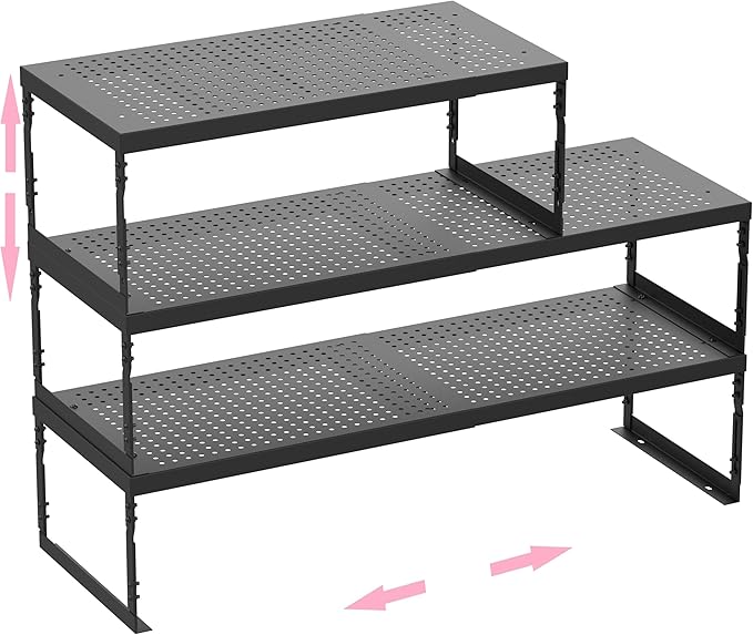 Asiingkel Stackable Expandable Metal Shelf Organizer - Adjustable Wire Storage Rack with Holes for Kitchen, Bathroom, Cabinet, Office - Space Saving, Durable & Sturdy Design（1PACK/Large/Black