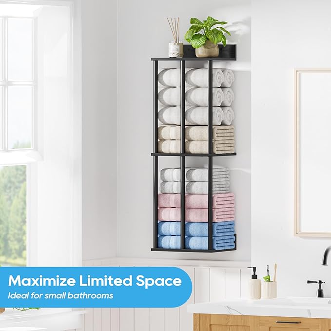 Towel Racks for Bathroom Wall Mounted with Wooden Storage Shelf, Updated 3 Bar Metal Towel Holder for Rolled Towels, Sturdy and Large Capacity, Towel Storage Organizer