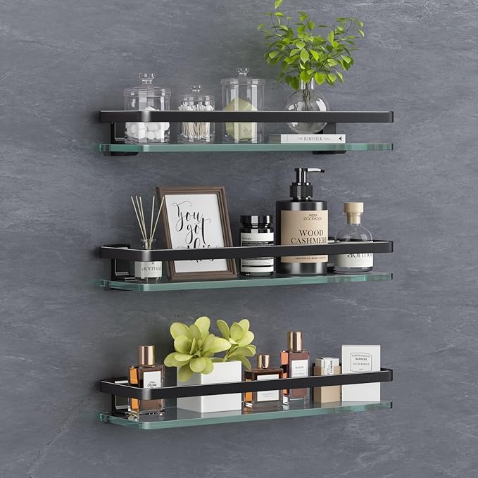 VOLPONE Bathroom Wall Shelf 15.7in Bathroom Glass Shelves Wall Mount Glass Shelf Rustproof Bathroom Wall Organizer 3 Tier (Black)