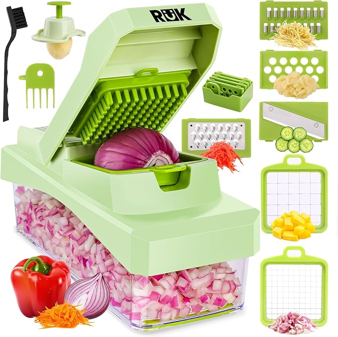 RüK 10-in-1 Vegetable Chopper – 6 Blade Veggie Chopper with Container, Food Dicer, Onion Cutter, Cheese Grater, Mandoline Slicer, Kitchen Gadgets & Home Essentials (Gray)