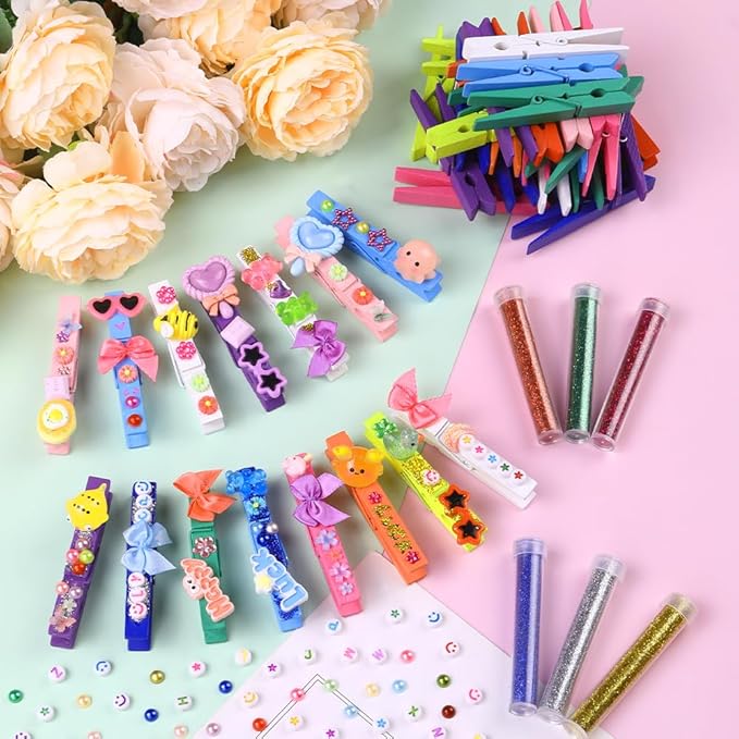 JOICEE 80PCS Cheer Pins Spirit Clips,80 Colored Wooden Clothes Pins 126 Mini Resin Animals Bows Daisy and Stickers Pen 300 Beads Pearls for Backpacks Ribbon Team Classroom Cheer Gifts Bulk