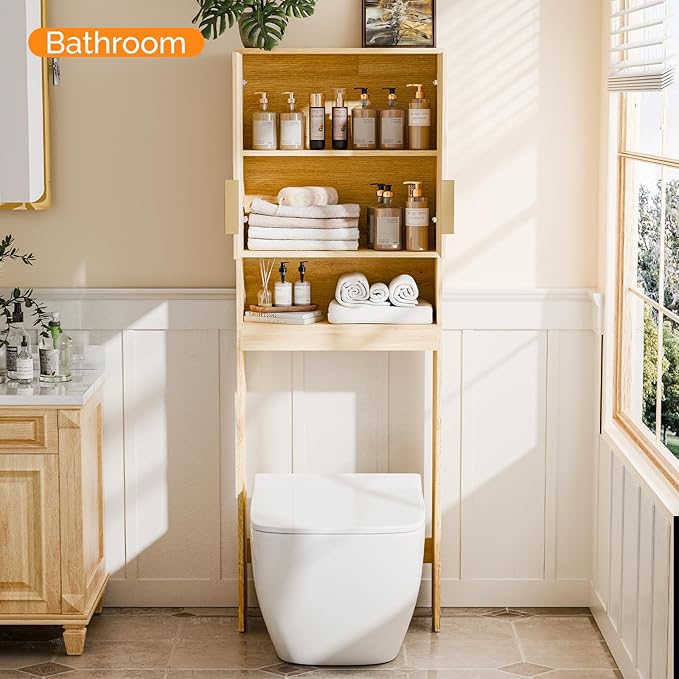 VINGLI Over The Toilet Storage Cabinet with Fluted Doors, Mid Century Modern Bathroom Organizer Over Toilet, Freestanding Wooden Space Saver Stand with Adjustable Shelves, Natural Oak
