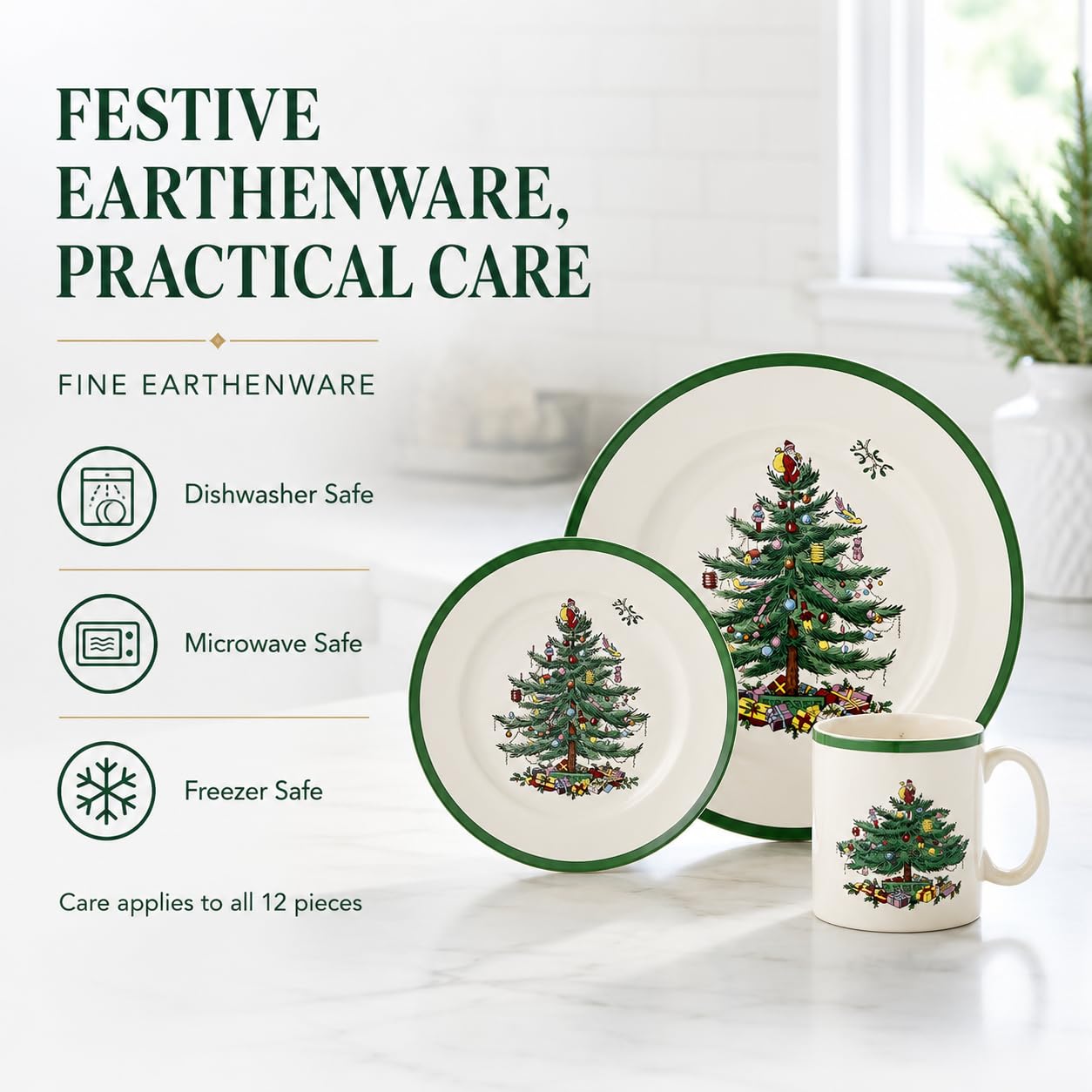Spode Christmas Tree 12-Piece Dinnerware Set (Service for 4) - Festive Holiday Tableware Collection with Plates and Mugs - Fine Earthenware Christmas Dinnerware - Microwave & Dishwasher Safe
