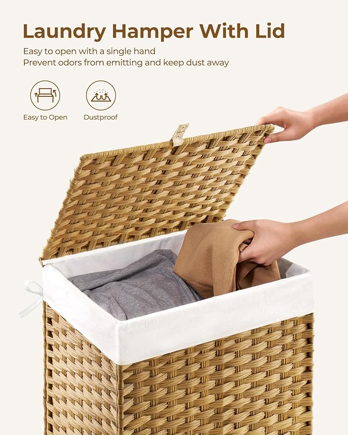 GREENSTELL Laundry Hamper with Lid, 90L Clothes Hamper with 2 Removable Liner Bags & 2 Mesh Laundry Bags, Handwoven Synthetic Rattan Laundry Basket for Clothes, Toys in Bathroom, Bedroom Natural