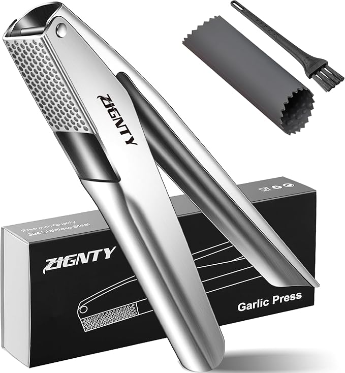 ZIGNTY Garlic Press Stainless Steel, Professional Crusher No Peel Required