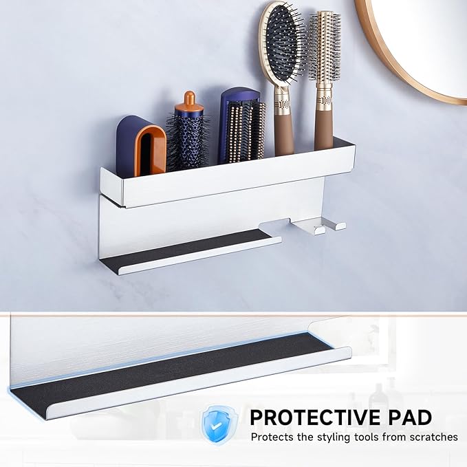 Storage Hair Dryer Holder for Curling Iron Wands Accessories, Hair Straightener Holder, Wall Mount Hair Tool Organizer for Styler Attachments, Curling Iron Holder Organizer for Bathroom, Silver