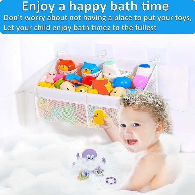 KPH Corner Bath Toy Organizer - Space-Saving 2-Compartment Bath Toy Storage, Mesh Bathroom Toy Holder for Kids, Durable Bathtub Organizer with Drain Holes