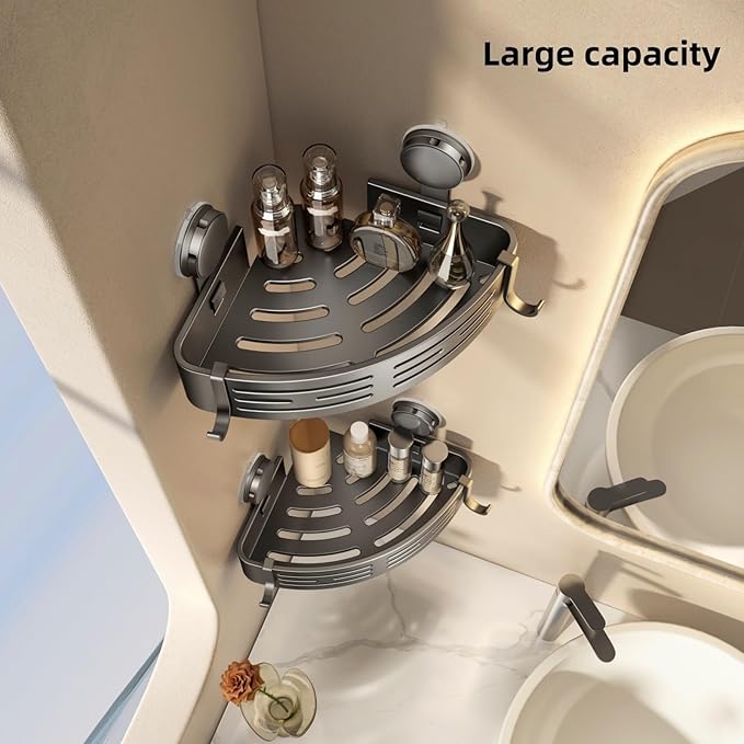VOLPONE Corner Shower Caddy Suction Cup Shower Shelf Corner No Drilling Bathroom Shower Organizer Storage Rack Adhesive Without Towel Bar (2Pack, Gray)