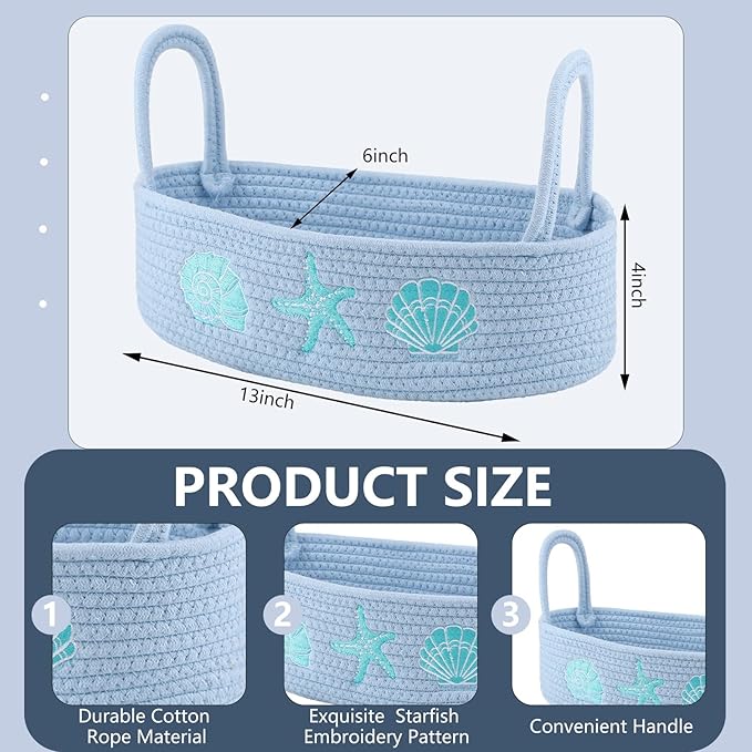 Vesici Ocean Woven Toilet Paper Basket Boho Coastal Cotton Rope Bathroom Countertop Organizer with Starfish Seashell Blue Bathroom Storage Decor for Toilet Closet Nursery Organizing, 13 x 6 x 4 Inch