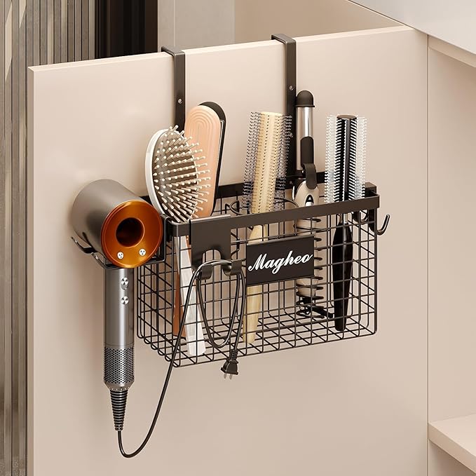 Hair Dryer Holder Cabinet Door 3-in-1 Adhesive Hair Tool Organizer Wall Mounted Adjustable Height Blow Dryer Holder Under Sink Bathroom Hair Appliance Organizer and Storage Countertop(Black)