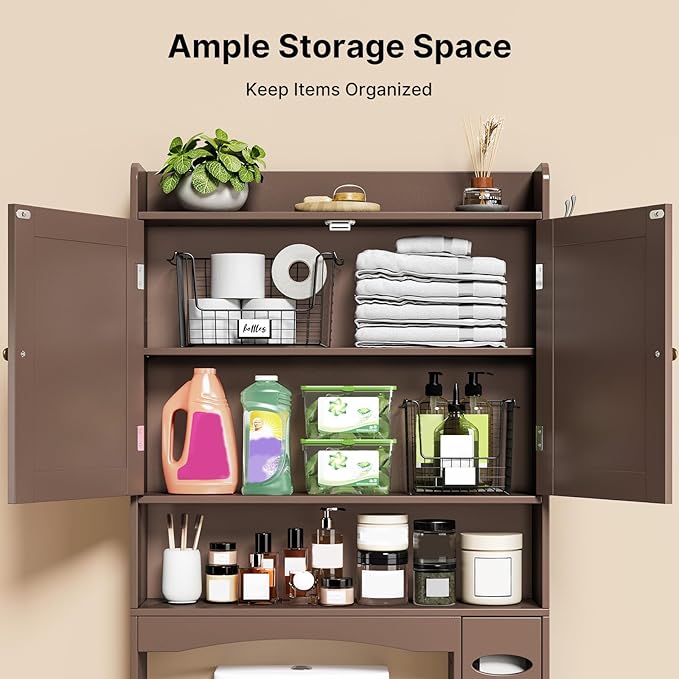 Ahomly Over The Toilet Storage Cabinet, 32.3" W Over Toilet Bathroom Organizer with Doors, Adjustable Shelves, Toilet Paper Holder, 2 Side Hooks, Space-Saver for Bathroom, Laundry, Espresso