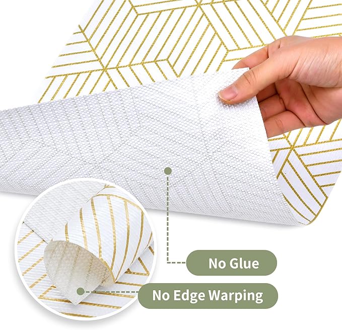 Shelf Liners for Kitchen Cabinets 35.4 in X 19.69 Ft, Non Adhesive Cabinet Liner Strong Non-Slip Thickened Gold Geometric Drawer Liner, Easy to Clean for Shelf, Cabinet with Knife and Tape Measure