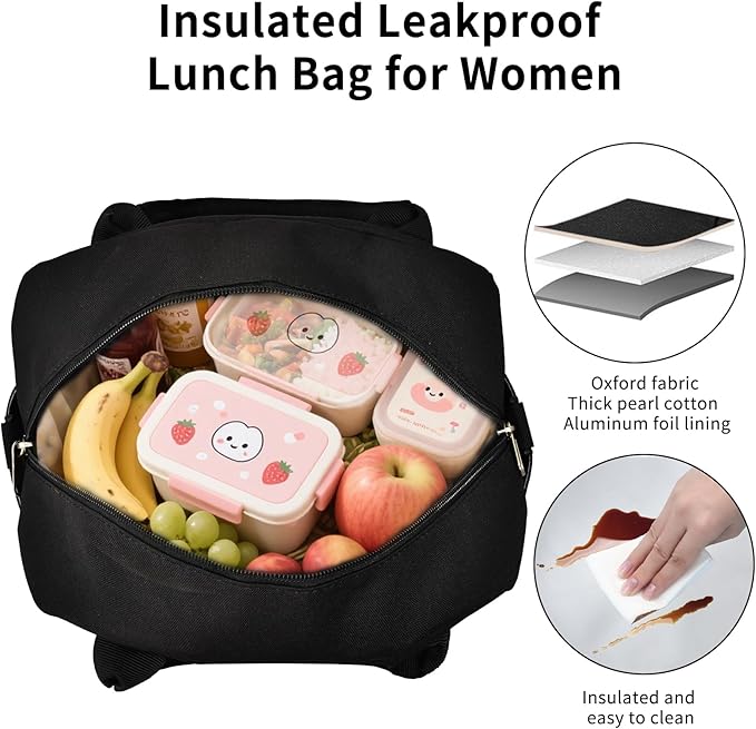 Lunch Bag Women Lunch Box for Women Adult Cute Insulated Lunch Bag Lager Cooler Lunch Tote Bags for Work Picnic (Black)