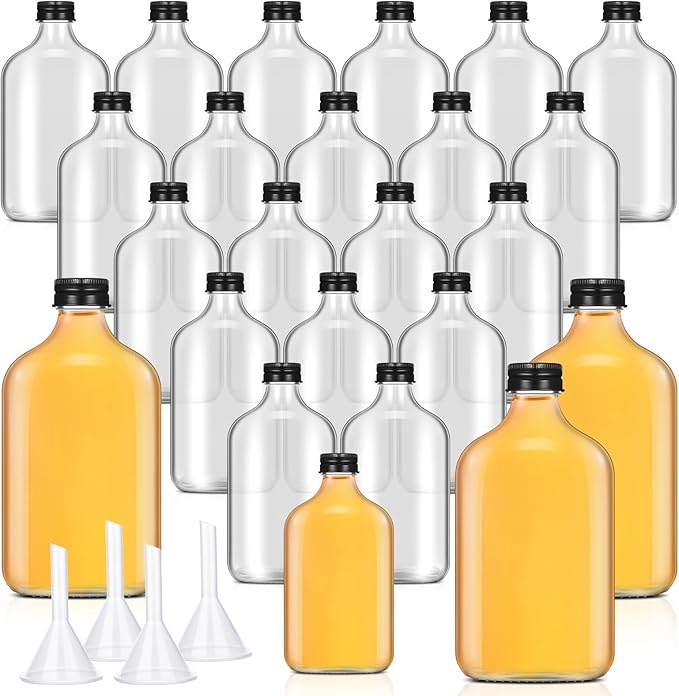 Gejoy 24 Pcs Mini Liquor Glass Flask Bottles with Black Caps Clear,8.5 oz