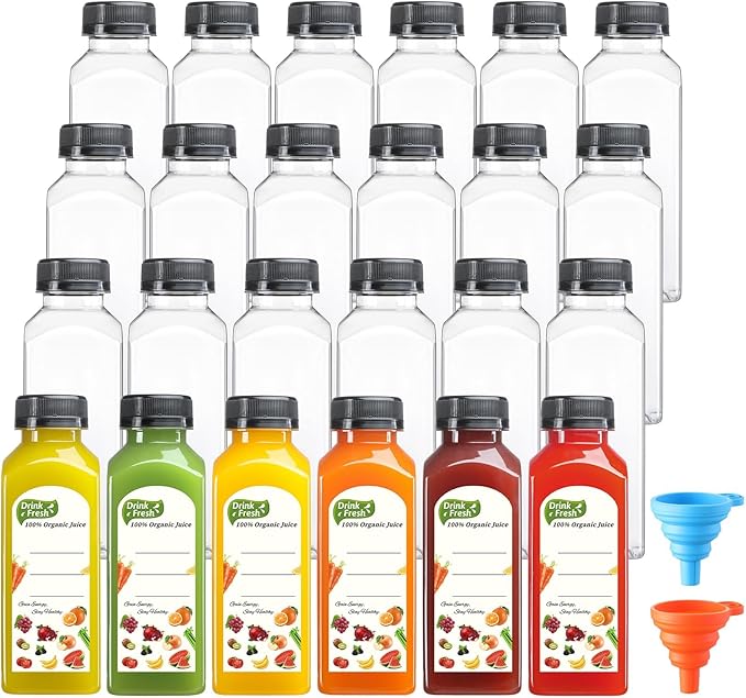 12 Pack, 12 OZ Reusable Plastic Juice Bottles with Caps, Plus 12 Labels & 2 Silicone Funnels - Clear Juicing Bottles for Juice, Smoothies, Ginger, Tea, Coffee - Food Grade & Leakproof Travel Bottles