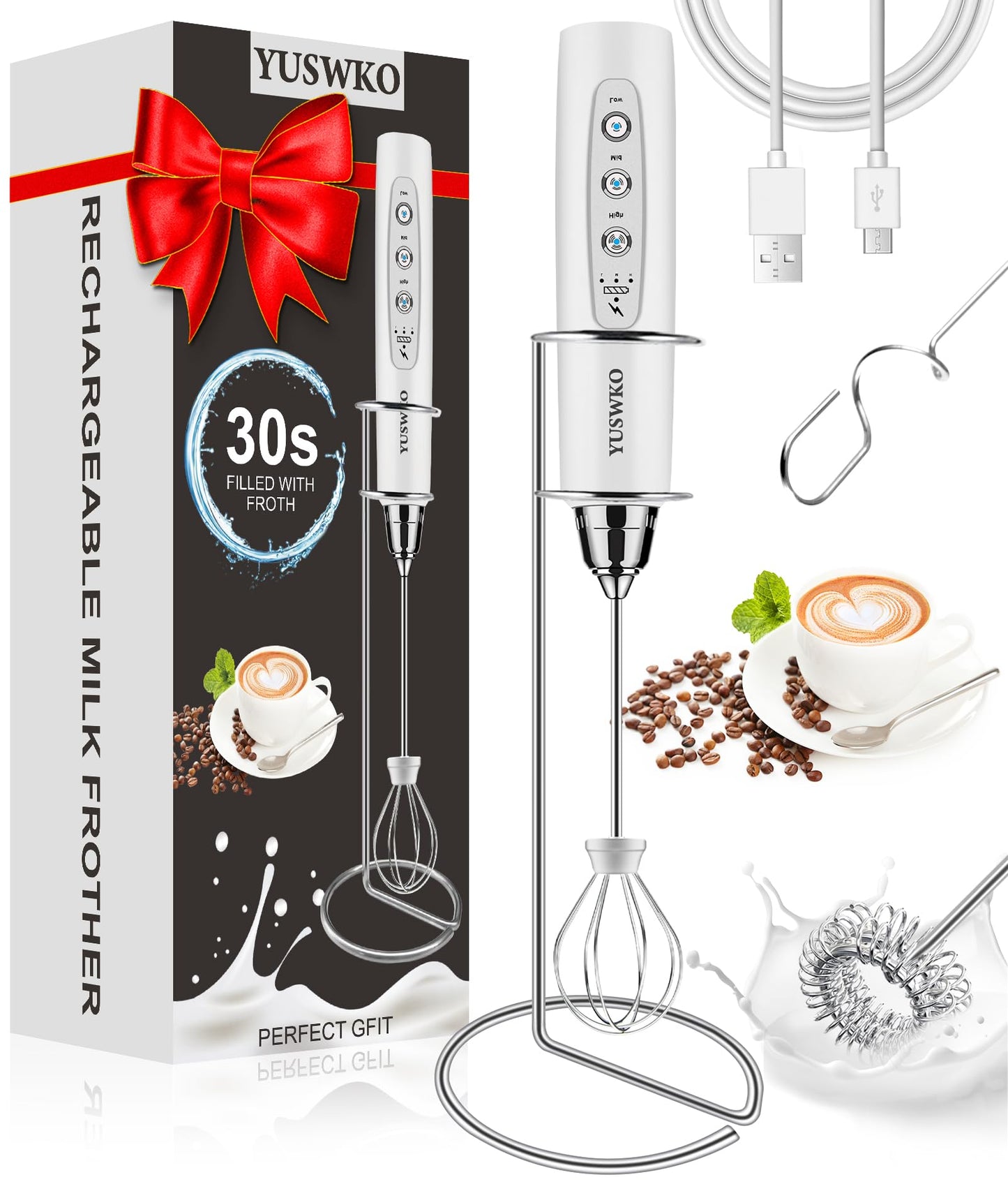 YUSWKO Handheld Milk Frother Wand for Coffee, Rechargeable Electric Whisk with 3 Heads 3 Speeds Drink Mixer Coffee Frother For Latte, Cappuccino, Hot Chocolate, Egg, Beige