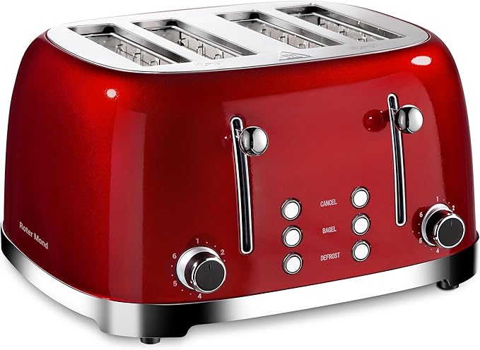4 Slice Toaster Roter Mond Retro Stainless Steel with Bagel Defrost Cancel Function, 6 Browning Settings, Extre Wide Slot and Removable Crumb Tray, Cream, ST033