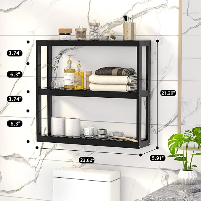 Domax Bamboo Bathroom Shelf 3-Tier Wall Mount Storage Rack Multifunctional Adjustable Layer Free Standing Over Toilet Utility Shelves Living Room Kitchen (Black)