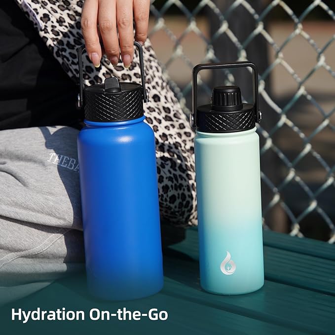 BJPKPK Insulated Water Bottles with Straw Lid, 27oz Stainless Steel Water Bottle with 3 Lids, Leak Proof BPA Free Metal Thermo, Mugs, Tumblers, Keep Cold Hot - Wood Prussian Blue