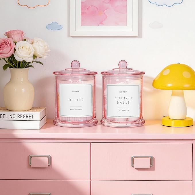 Qtip Holder & Cotton Pad Dispenser, Bathroom Organizer and Storage Canisters, 16oz Glass Apothecary Jars for Kitchen, Restroom - Home Decor Accessories, Room Decor Aesthetic (2 Pack, Pink)