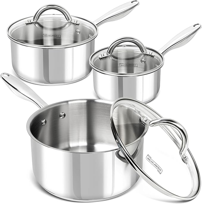 MICHELANGELO 6-Piece Stainless Steel Pot Set, 1QT, 2QT & 3QT