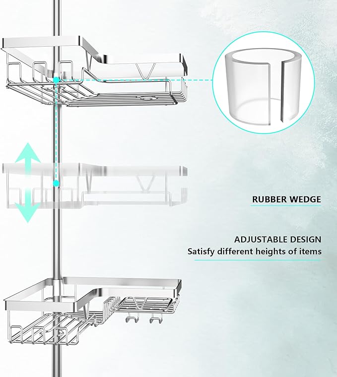 Shower Caddy Tension Pole - Corner Shower Shelves with Soap Holder Bathroom Shower Organizer for Tub (Stainless Steel, Silver, Floor to Ceiling 25-114.2 inch)