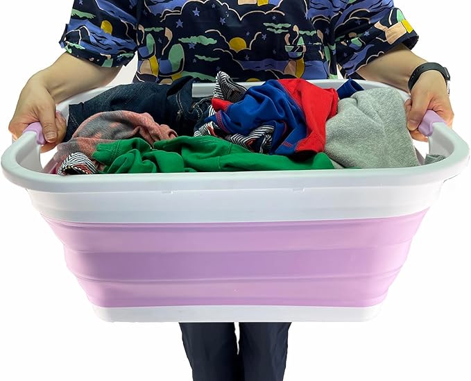 SAMMART 41L (10.8 gallon) Collapsible Plastic Laundry Basket - Foldable Pop Up Storage Container/Organizer - Portable Washing Tub - Space Saving Hamper/Basket (Rectangular, White/Pale Purple)